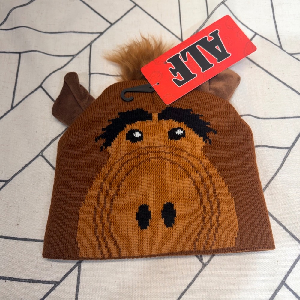ALF Beanie Hat OS Brown Retro 80s Character Knit Cap with Ears and Hair NWT